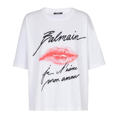 Balmain T-shirt med kyss-tryck och korta ärmar White, Dam