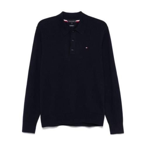 Tommy Hilfiger Blå Stickad Pikétröja Broderad Logotyp Blue, Herr