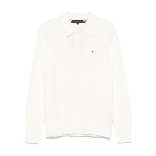 Tommy Hilfiger Beige Stickad Polotröja Broderad Logotyp White, Herr