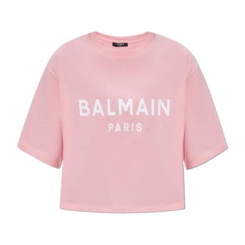 Balmain Kort T-shirt med tryckt logotyp Pink, Dam