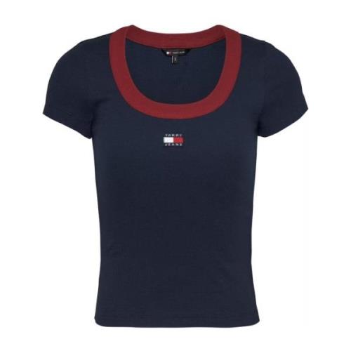 Tommy Jeans Stretch Bomull T-shirt - Blå Patchat Logo Blue, Dam