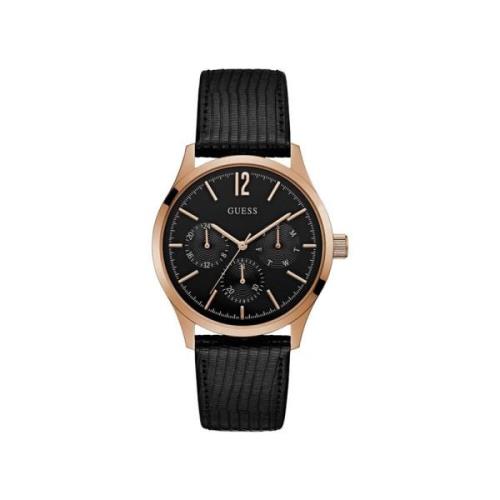 Guess Svart läder kvarts analog klocka Black, Herr