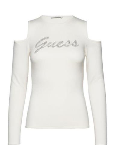 Ls Cold Shldr Guess Logo Swtr White GUESS Jeans