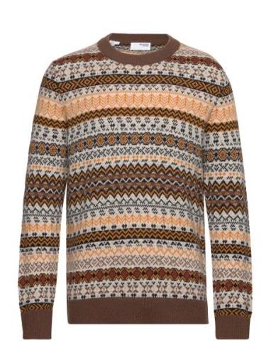 Slhfaro Ls Knit Fair Isle Crew Neck W Brown Selected Homme