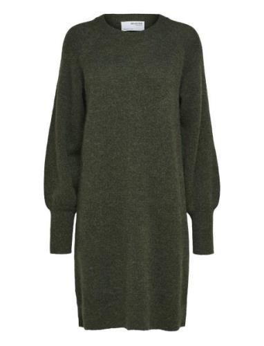 Slflulu Ls Knit Dress O-Neck B Noos Khaki Selected Femme