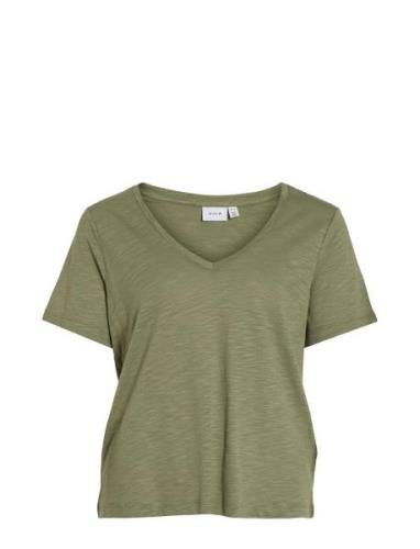 Vinova V-Neck S/S Top-Noos Khaki Vila