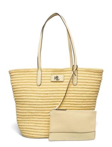 Leather-Trim Straw Large Brie Tote Bag Yellow Lauren Ralph Lauren