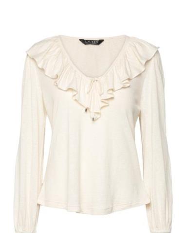 Ruffle-Trim Jersey Tie-Neck Top Cream Lauren Ralph Lauren