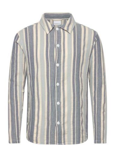 Loose Jacquard Woven Striped Shirt Blue Knowledge Cotton Apparel