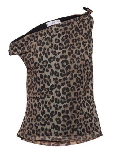 Asymmetrical Leopard-Print Top Brown Mango