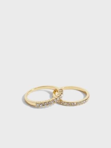 Pieces - Ringar - Gold Colour Clear Stones - Fpanie M 2-Pack Ring Plat...