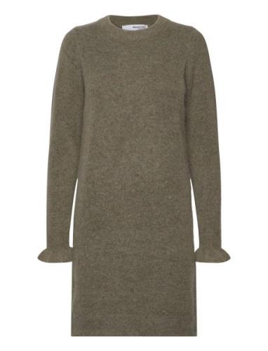 Slfsia Ras Frill Ls Knit Dress Kort Klänning Green Selected Femme