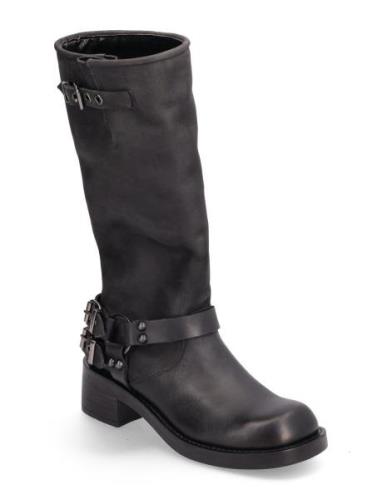 Biaharper Biker Boot Pull Up Leather Höga Stövlar Black Bianco