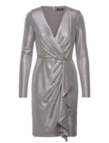 Metallic Knit Surplice Cocktail Dress Knälång Klänning Silver Lauren R...