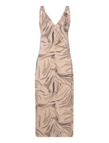 Surface Print Slip Dress Knälång Klänning Beige Calvin Klein