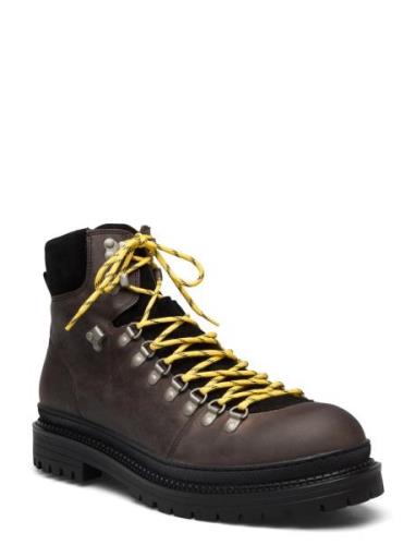 Slhlandon Leather Hiking Boot Snörade Stövlar Brown Selected Homme