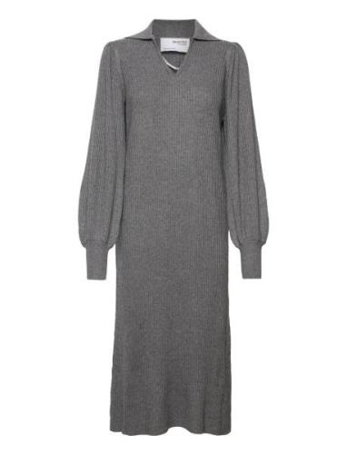Slfselene Ls Knit Dress B Knälång Klänning Grey Selected Femme