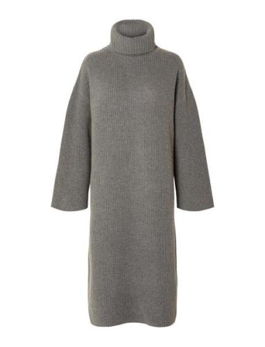 Slfnew Elina Ls Knit Highneck Dress B Knälång Klänning Grey Selected F...