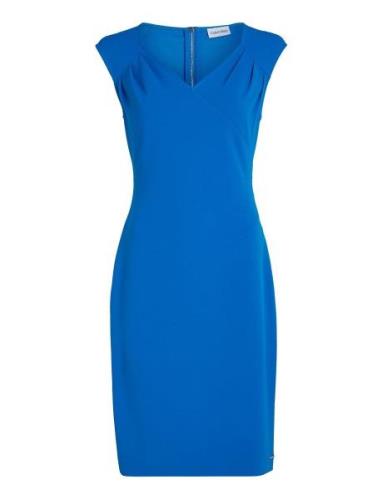 Calvin Klein Scuba Crepe V Neck Drape Dress Blå