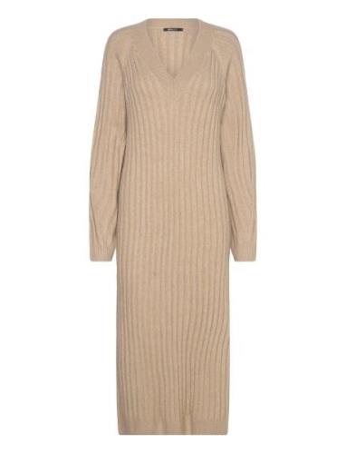 V-Neck Knitted Dress Knälång Klänning Beige Gina Tricot