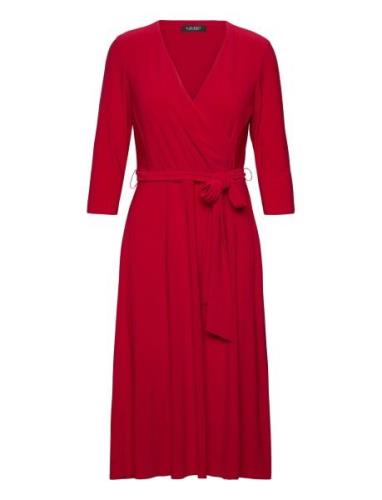 Surplice Jersey Dress Knälång Klänning Red Lauren Ralph Lauren