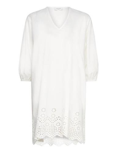 Cotton Dress W/ Embroidery Knälång Klänning White Rosemunde