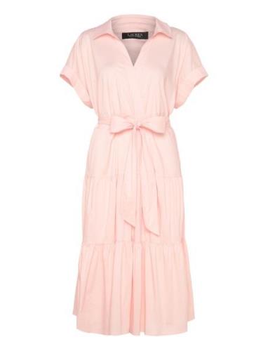 Belted Cotton-Blend Tiered Dress Knälång Klänning Pink Lauren Women