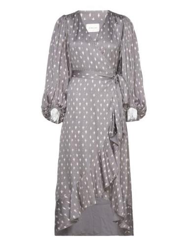 Blossom Printed Wrap Midi Dress Knälång Klänning Grey Malina