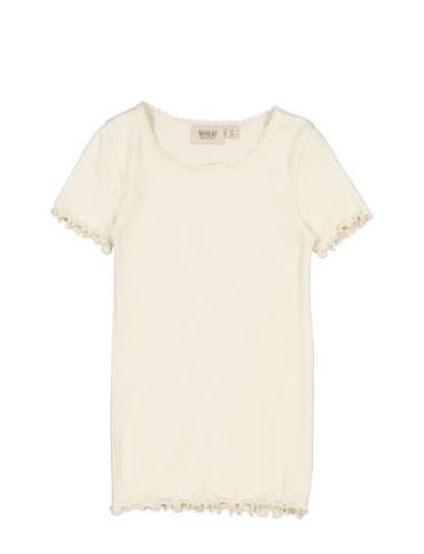 Rib T-Shirt Lace Ss Tops T-shirts Short-sleeved Cream Wheat