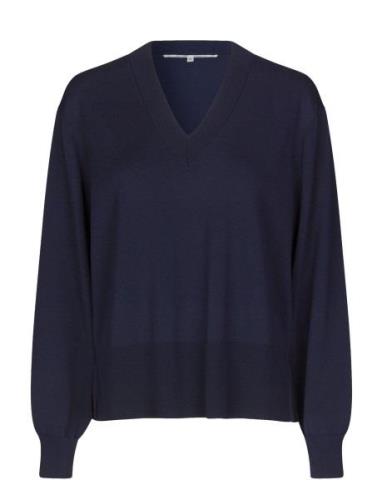 Siva Knit V-Neck Tops Knitwear Jumpers Navy Second Female