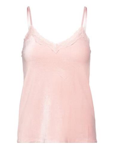 Cami Rib Velours Vneck Lace Tops T-shirts & Tops Sleeveless Pink Hunke...