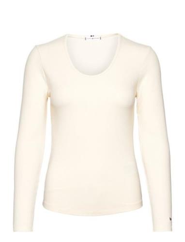 Slim 5X2 Rib Scoop-Nk Ls Tops T-shirts & Tops Long-sleeved Cream Tommy...