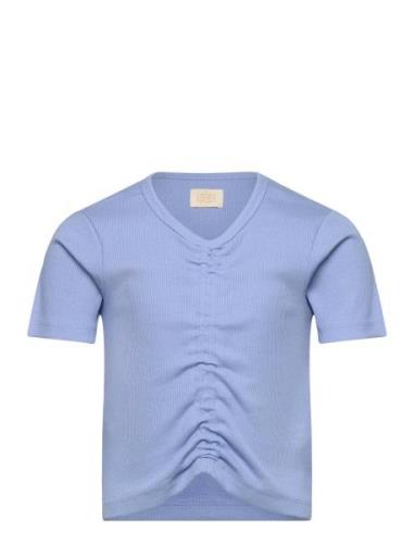 T-Shirt Ss Rib Tops T-shirts Short-sleeved Blue Creamie