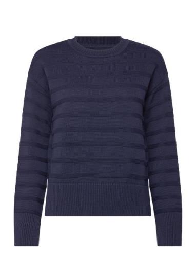 GANT Tonal Striped Cotton C-Neck Marinblå