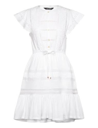 Lace-Trim Jersey Flutter-Sleeve Dress Kort Klänning White Lauren Ralph...