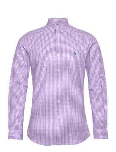 Slim Fit Gingham Stretch Poplin Shirt Tops Shirts Casual Purple Polo R...