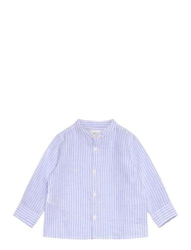 Striped Mandarin-Collar Linen Shirt Tops T-shirts Long-sleeved T-shirt...