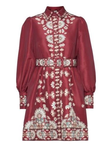 Mathilde Belted Printed Mini Dress Kort Klänning Burgundy Malina