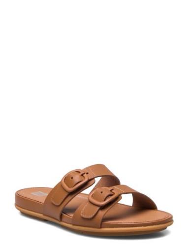 Gracie Rubber-Buckle Two-Bar Leather Slides Platta Sandaler Brown FitF...