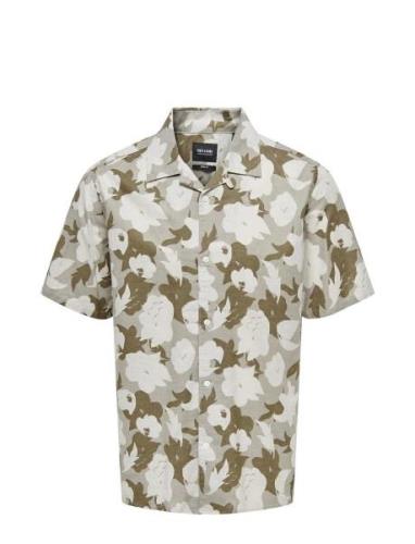 Onstrev Reg Ctn Lin Aop Ss Shirt Noos Tops Shirts Short-sleeved Khaki ...