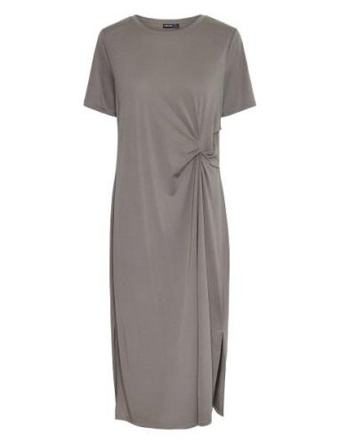 Pcanora Ss O-Neck Midi Knot Dress Bc Knälång Klänning Grey Pieces