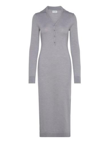 Merino Wool Button Shirt Dress Maxiklänning Festklänning Grey Calvin K...