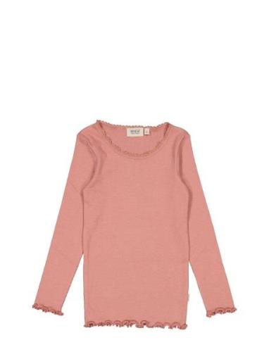 Rib T-Shirt Lace Ls Tops T-shirts Long-sleeved T-shirts Pink Wheat