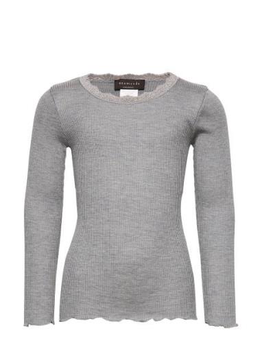 Silk T-Shirt W/ Lace Tops T-shirts Long-sleeved T-shirts Grey Rosemund...