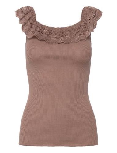 Silk Off Shoulder Top W/ Lace Tops T-shirts & Tops Sleeveless Brown Ro...