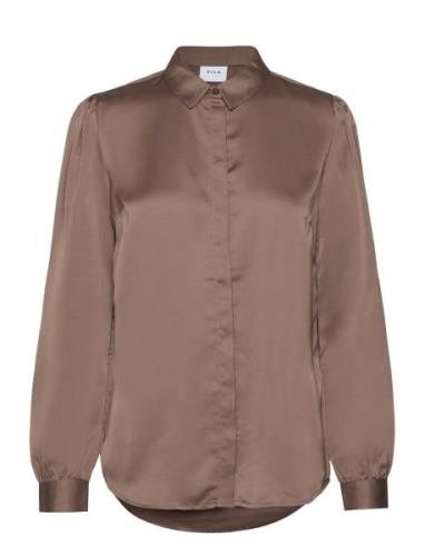 Viellette Satin L/S Shirt - Noos Tops Shirts Long-sleeved Brown Vila