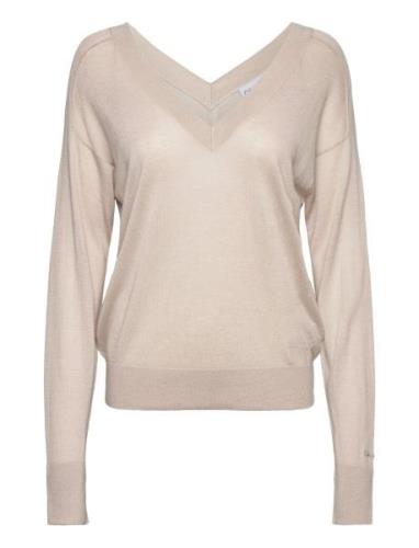 Lyocell Wool V-Neck Sweater Tops Knitwear Jumpers Cream Calvin Klein