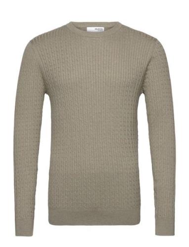 Slhberg Cable Crew Neck Noos Tops Knitwear Round Necks Khaki Green Sel...