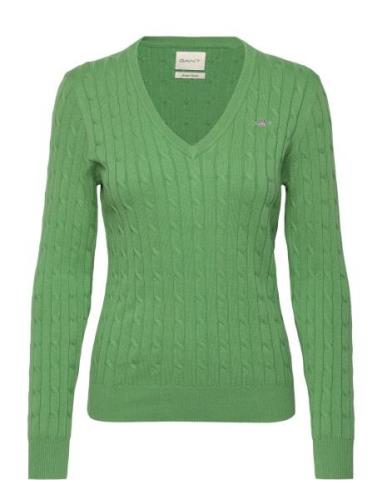 Stretch Cotton Cable V-Neck Tops Knitwear Jumpers Green GANT