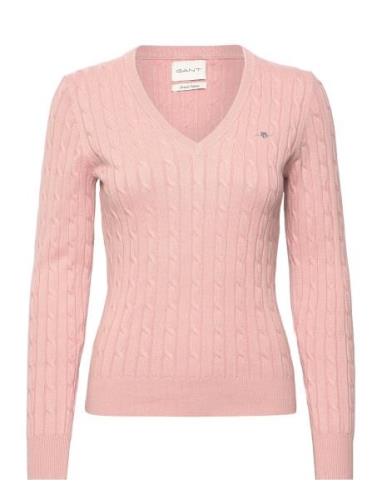 Stretch Cotton Cable V-Neck Tops Knitwear Jumpers Pink GANT